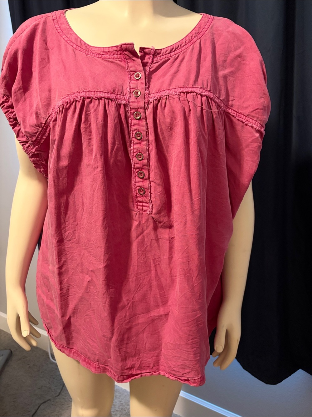 We The Free Gathered Henley Blouse in Raspberry Pink
